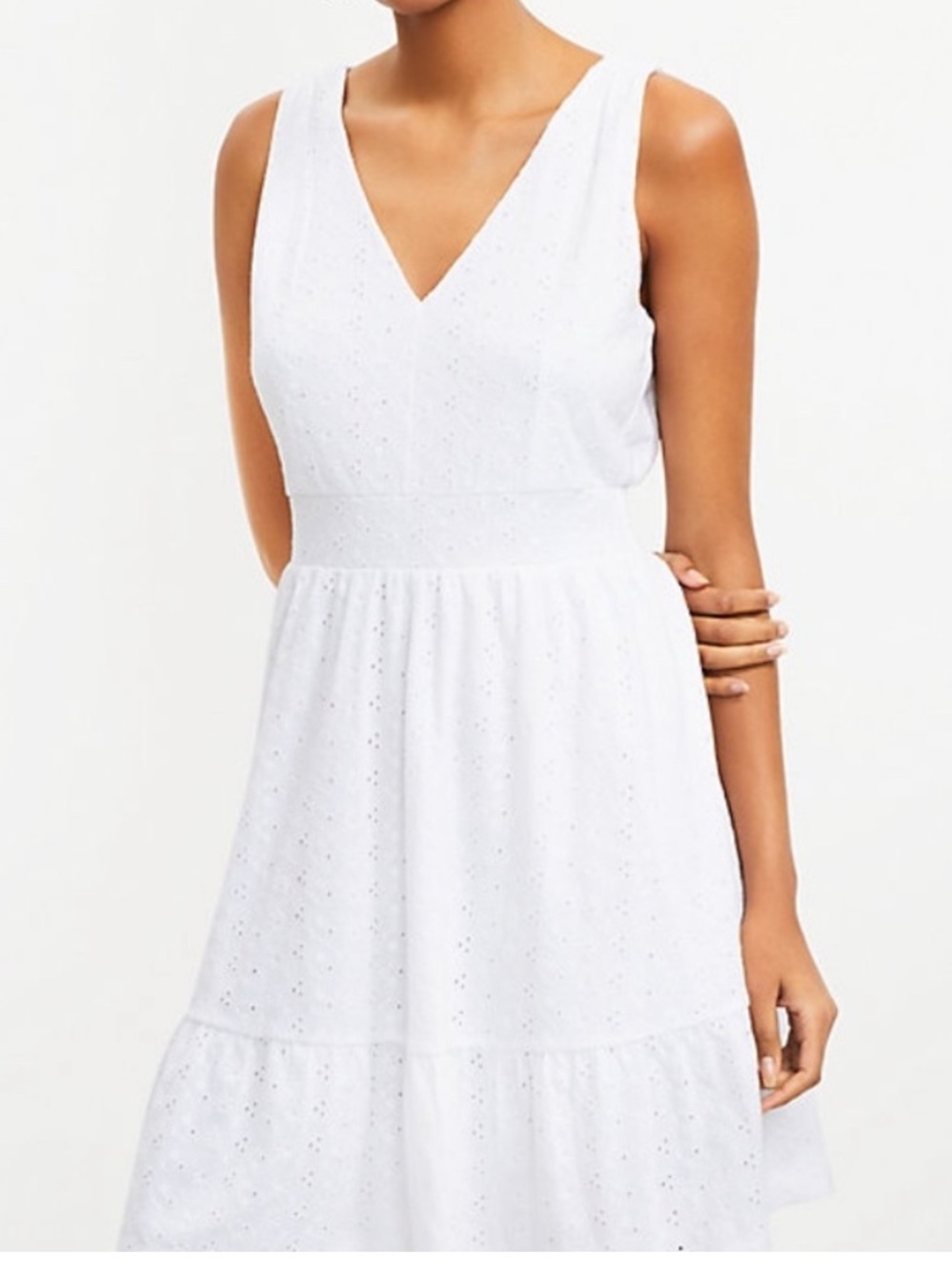 LOFT White Eyelet Dress with V-Neck Size Small